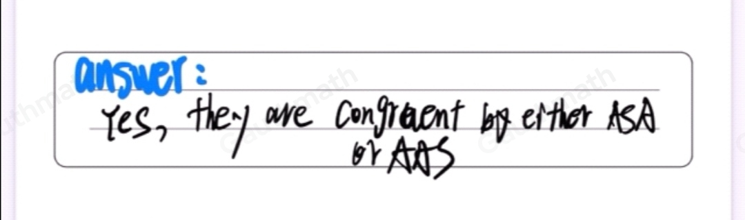 Are the triangles congruent? Why or why not? Yes, all the angles of each of the triangles are acute.. Yes, they are congruent by either ASAar AAS. as No, angle B is not congruent to ter angle Q No, the congruent sides do not correspond.