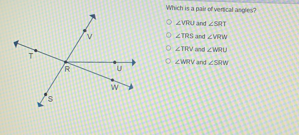 Which is a pair of vertical angles? angle VRU and angle SRT angle TRS and angle VRW angle TRV and angle WRU angle WRV and angle SRW