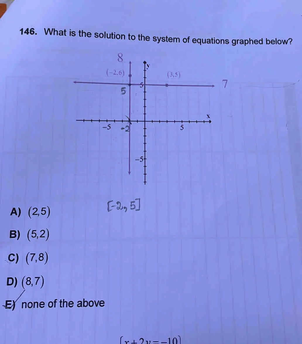 146. What is the solution to the system of equations graphed below? 7 A 2,5 B 5,2 C 7,8 D 8,7 -Enone of the above x+2y--10