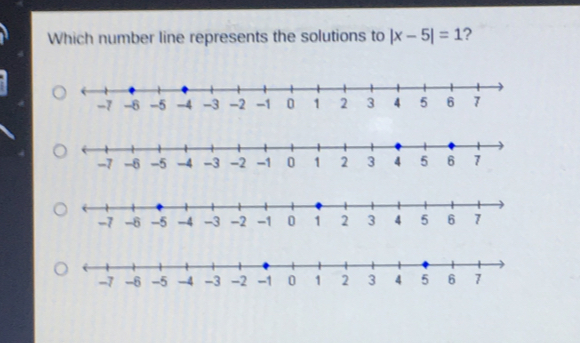 Which number line represents the solutions to |x-5|=1 ?