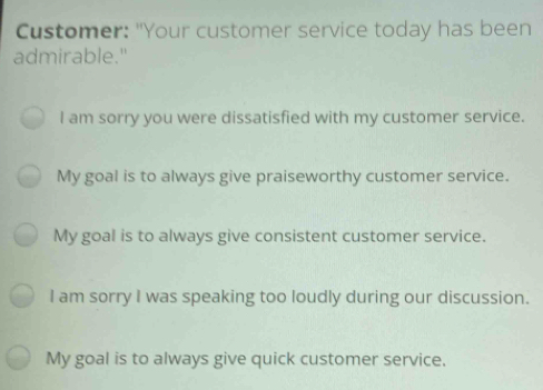 Customer: "Your customer service today has been admirable." I am sorry you were dissatisfied with my customer service. My goal is to always give praiseworthy customer service. My goal is to always give consistent customer service. I am sorry I was speaking too loudly during our discussion. My goal is to always give quick customer service.