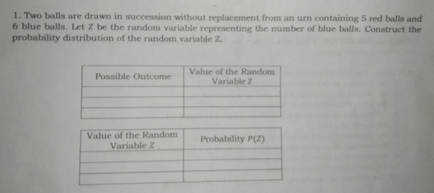 1. Two balls are drawn in succession without replacement from an urn containing 5 red balls and 6 blue balls. Let Z be the random variable representing the number of blue balls. Construct the probability distribution of the random variable Z.