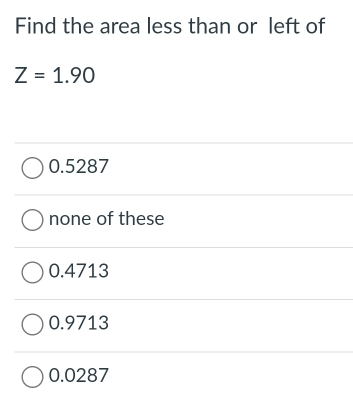 Find the area less than or left of Z=1.90 0.5287 none of these 0.4713 0.9713 0.0287