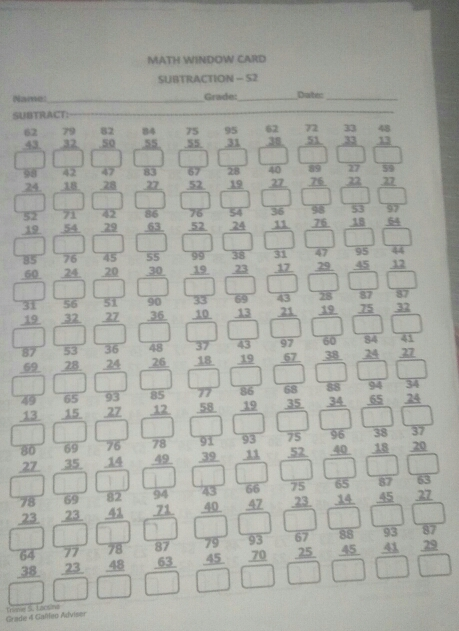 MATH WINDOW CARD SUBTRACTION - S2 Name: Grade: Dutes SUBTRACT: 62798284759562723348 43325055553138513313 424783672840892759 242827521932762222 5271428676545397 195429635224 frac 11square 751654 357645559544 60242030 frac 9910 1endpmatrix 36/23 square frac 17square 49/29 4512 3156519043288787 19322736101321197532 87533648 37/18 4397608441 692824261967382427 4965938586889434 131527125819 65/35 34 65 24 s06976783837 27351449 31/30 11 52/2 frac 96square 18 20 63 66 78 23 beginarrayr 69 23 hline endarray beginarrayr 8 1 hline endarray 31/2 40 47 23/3 beginarrayr 64 1 hline endarray 35/45 27 64 77 78 87 79 93 67 ss 93 87 38 23 48 63 45 70 25 45 41 29 Trane S, Lacsine Grade & Calleo Adviser