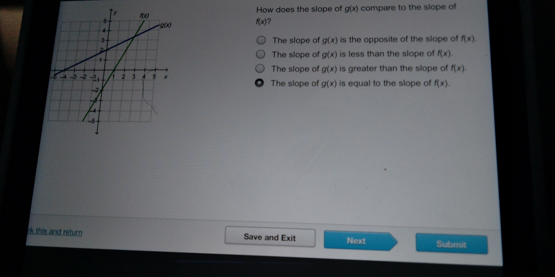 How does the slope of gx compare to the slope of fx? The slope of gx is the opposite of the slope of fx The slope of gx is less than the slope of fx The slope of gx is greater than the slope of fx The slope of gx is equal to the slope of fx Irk this and return Save and Exit Next Submit