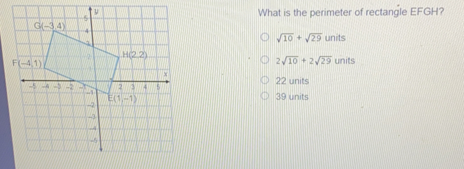 What is the perimeter of rectangle EFGH? square root of 10+ square root of 29 units 2 square root of 10+2 square root of 29 units 22 units 39 units