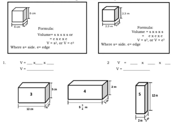 Formula: Formula: Volume=s x s x s Volume=s x s x or e x x x "exexc V=s3 , or V=e3 V=s3 ,or V=e3 Where s= side. e=edge Where s=side. e=edge 1. V=underline xunderline underline underline underline underline underline underline underline underline underline underline underline underline underline underline underline underline underline underline underline 2 v=underline x underline V=underline V=underline