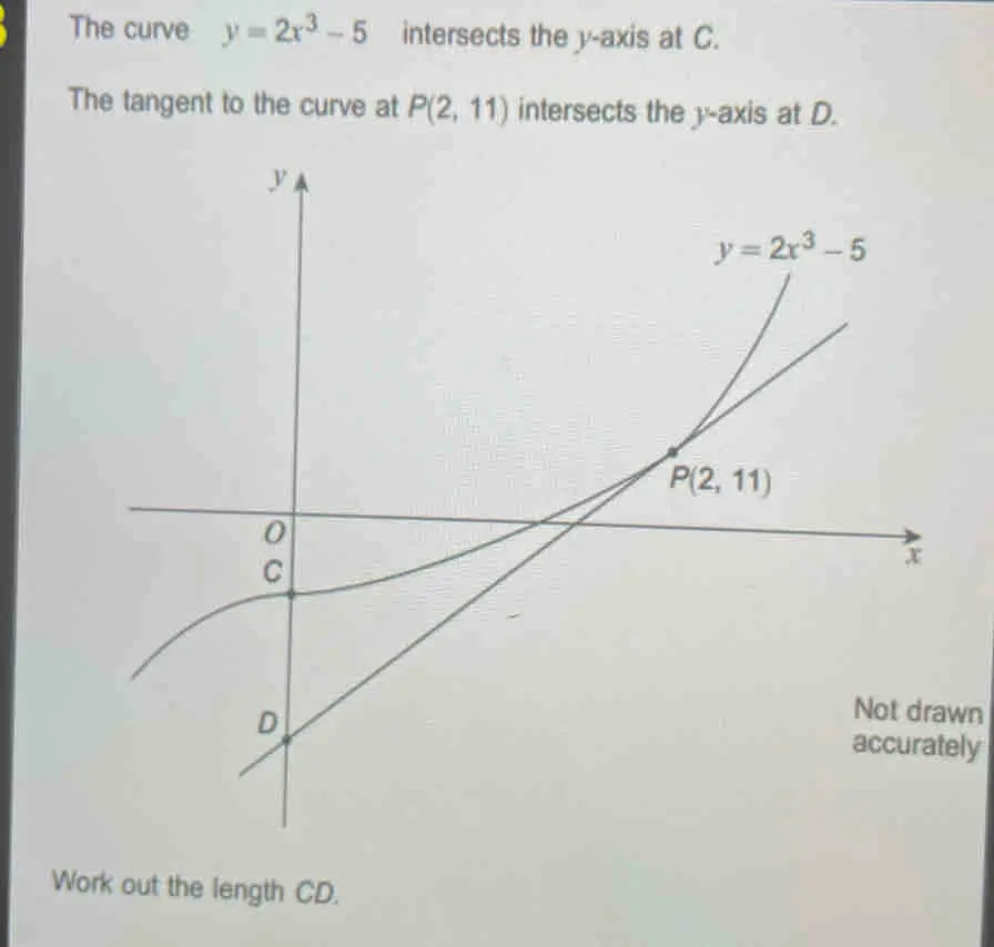 The curve y=2x3-5 intersects the y-axis at C. The tangent to the curve at P2,11 intersects the y-axis at D.. Not drawn accurately Work out the length CD.