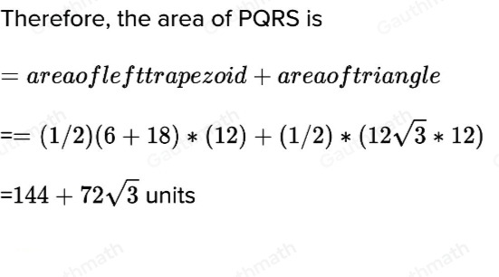 33. In trapezoid PQRS, overline PQparallel overline SR 1 point What is the area of PQRS in simplest radical form? 144+72 square root of 3 72+72 square root of 3 288 square root of 3-216 144 square root of 3-72