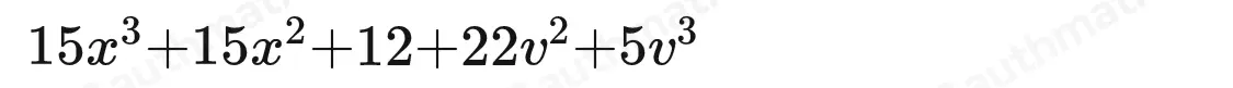 Which terms in the expression 15x3+15x2+12+9v2+13v2+5v3 have 12x3 as a like term? If there are multiple terms, separate them using commas.