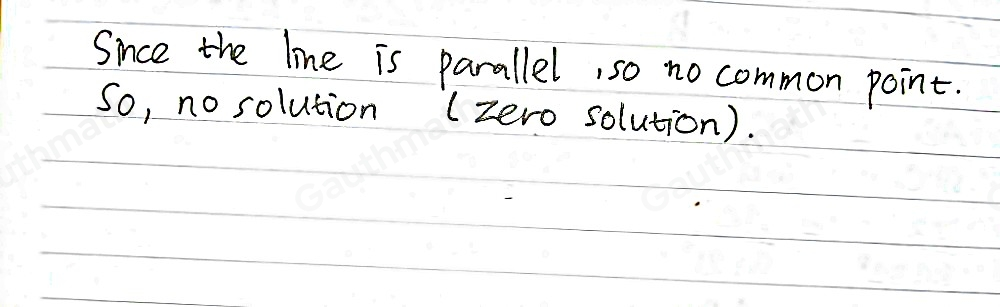 The two lines graphed below are parallel. How many solutions are there to the system of equations? A. Infinitely many B. Zero C. One D. Two