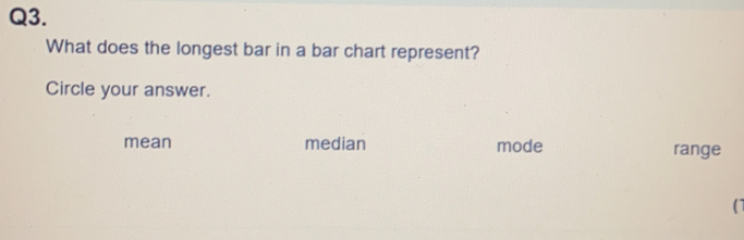 Q3. What does the longest bar in a bar chart represent? Circle your answer. mean median mode range