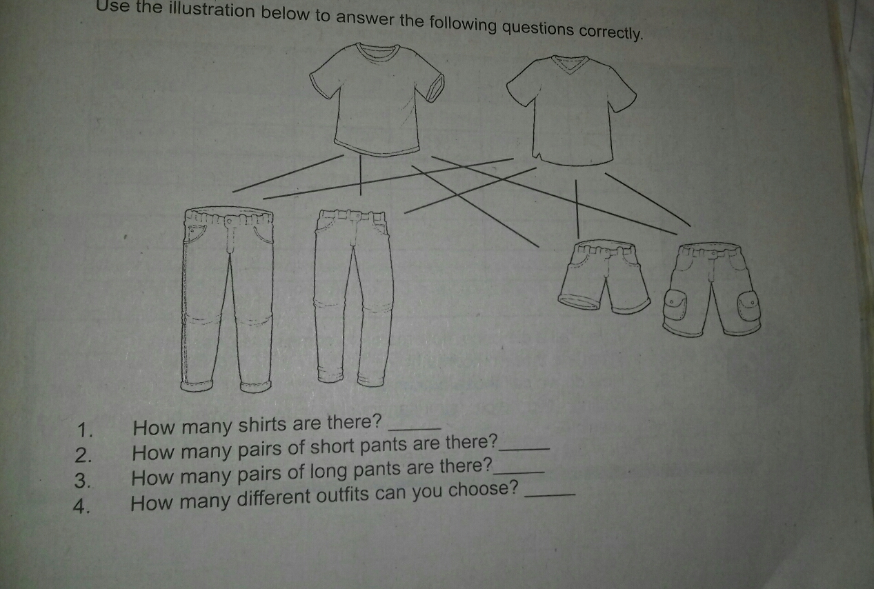 Use the illustration below to answer the following questions correctly. 1. How many shirts are there? 2. How many pairs of short pants are there? 3. How many pairs of long pants are there? 4. How many different outfits can you choose?