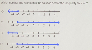 Which number line represents the solution set for the inequality 3x<-9 ? 1 2