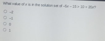 What value of x is in the solution set of -5x-15>10+20x ？ -2 -1 0 1