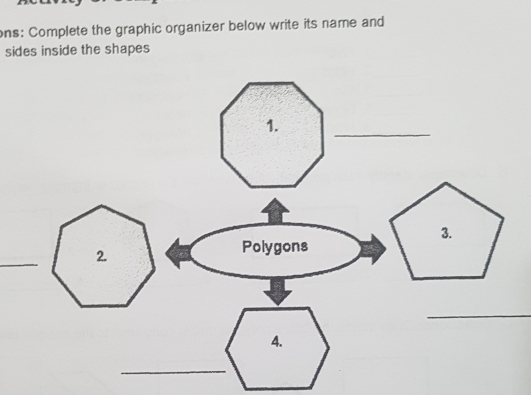 >ns: Complete the graphic organizer below write its name and sides inside the shapes _ _ _ _