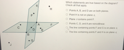 Which statements are true based on the diagram? Check all that apply Points A, B, and D are on both planes. Point H is not on plane x Plane 7contains point F. Points C. D, and A are noncollinear. The line containing points F and G is on plane £ The line containing points F and H is on plane æ